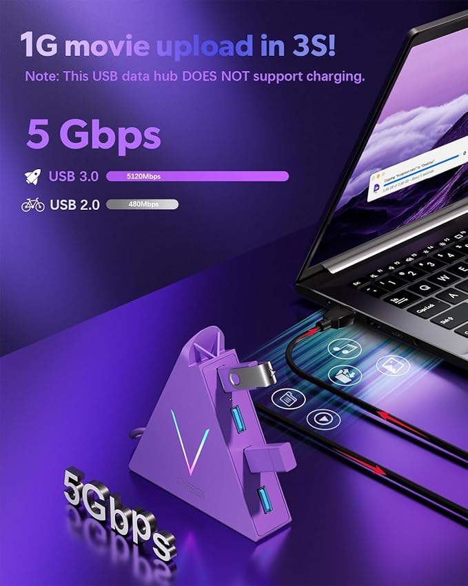 4-Port USB 3.0 Hub, FlyingVHUB USB Hub Tower with 2 ft Extended Cable,USB Splitter for Laptop,PC,PS4,PS5,Xbox,Mouse,Keyboard, Flash Drive,U-Disk (Dark Purple)