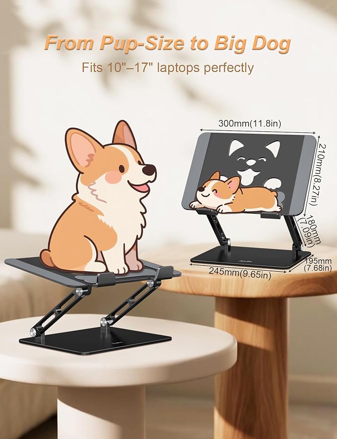 Laptop Stand for Desk-Adjustable, Foldable, Portable, Ergonomic Aluminum Notebook Riser with Unique Puppy Cooling Vent, Desk Gift for 10-17.3" Devices Mac, Dell, HP, Lenovo, Samsung, Black