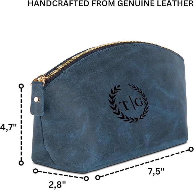 Premium Personalized Genuine Leather Cosmetic Makeup Bag - Wedding Gift for Bridesmaid, Travel Organizer Clutch for Women with Zipper Pouch for Toiletry Essentials (Navy Blue)