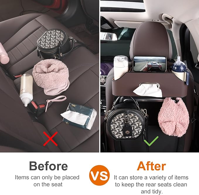 Car Rear Backseat Extra Multifunctional Drink Cup Holder Organizers with Tissue Storage Box Organizer & Hooks for Car Seat Back (Brown)