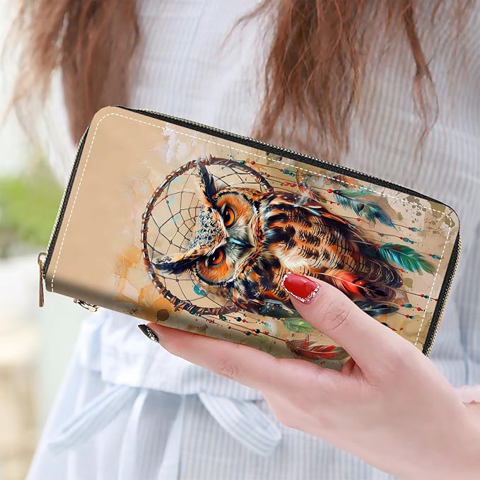 Women's Large Capacity Wallet PU Leather Zip Around Clutch Purse Multifunctional Wallet with Removable Wristlet Strap for Smart Phone/Coin/Card/Cash, Dream Catcher Owl