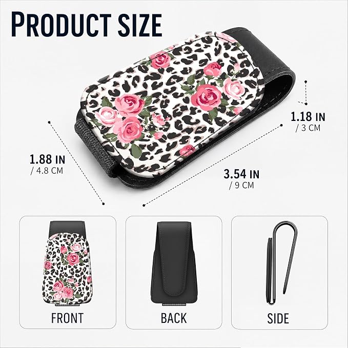 Leather Magnetic Sunglass Holder for Car Sun Visor, Cute Eyeglass Ticket Card Hanger Clip, Universal Auto Interior Accessories for SUV Pickup Truck, Rose Leopard