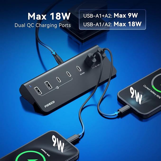 FIDECO 7-Port 72W Powered USB Hub, USB C Hub with 1 PD 45W, 2 QC 3.0 Charging Ports, and 4 USB 3.2 Ports (2 USB-A + 2 USB-C), Aluminum 10Gbps USB Hub for Laptop, PC, MacBook, iPhone 17/16/15, Black