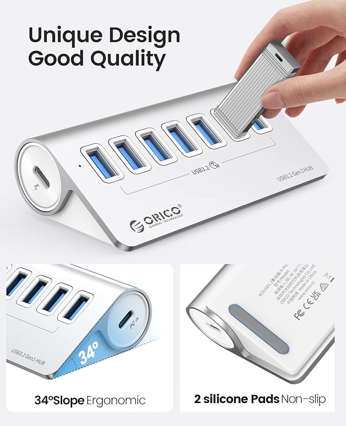 ORICO 7-Port USB 3.2 Gen2 Hub, Desktop USB 3.2 Hub with 7 USB-A Ports, 5V 3A Power Supply Port, 10Gbps Aluminium USB-Splitter with 1.64Ft USB-C to USB-A/C Cable for iMac, MacBooks, Mac mini