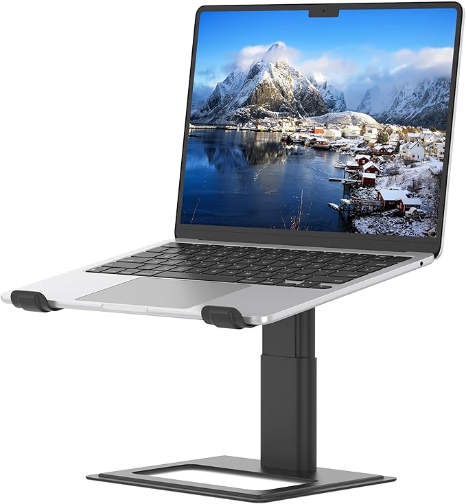 SOUNDANCE Adjustable Laptop Stand, Ergonomic Aluminum Riser for 10-17.3” Notebooks, Ventilated Metal Holder with Height Alignment for Desk Workspace, Black