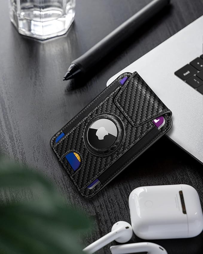 miyozi Ultra Slim AirTag Card Holder for Men - RFID Blocking Minimalist Wallet with Magnetic Flap, 0.25" Thin No Bulge Pocket Wallet, Holds 6-8 Cards with ID Window, Gift Boxed