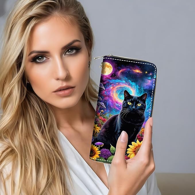 Black Cat Print Women Large Capacity PU Leather Zip Around Wallet, Multifunctional Clutch Purse for Cash/Card/Coin/Smart Phone