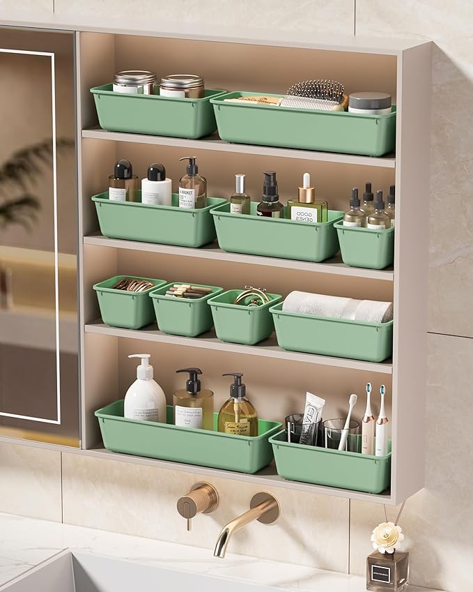 KEMETHY 25 PCS Plastic Drawer Organizers Set, 4 Sizes Vanity Organizer, Makeup and Desk Drawer Organizer Trays, Organization and Storage for Makeup, Bathroom, Kitchen Utensils and Office (Green)