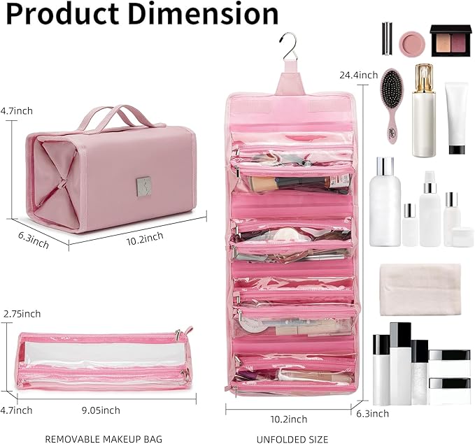 ROYALFAIR Roll Up Makeup Bag, Travel Toiletry Bag for Women with 4 Clear TSA Approved Pouches, Hanging Travel Organizer, Folding Cosmetic Bag for Men and Women