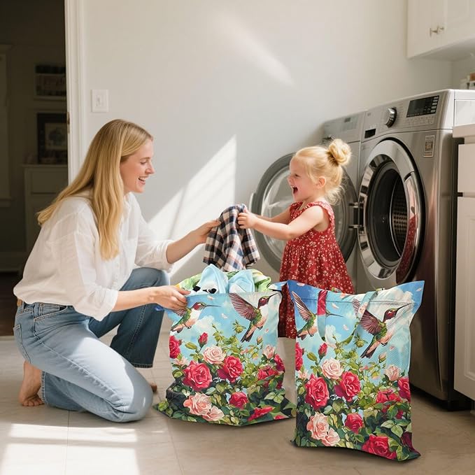 Travel Laundry Bags 2 PC Wet Dry Bag with Handle Dirty Clothes Organizer for Swimsuits Beach Camping Waterproof Washable Cartoon July 4th Red Roses and Hummingbirds