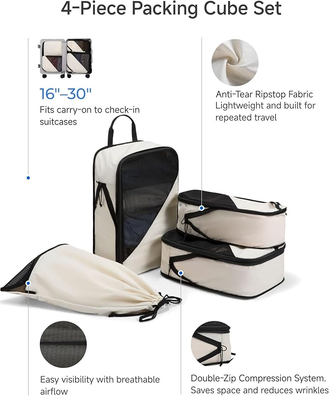 LUGGEX Compression Packing Cubes for Travel, 4 Set Lightweight Luggage Organizer Bags with Shoe Bag, Space Saving Suitcase Packing Cubes for Carry-On (POX01, Beige)