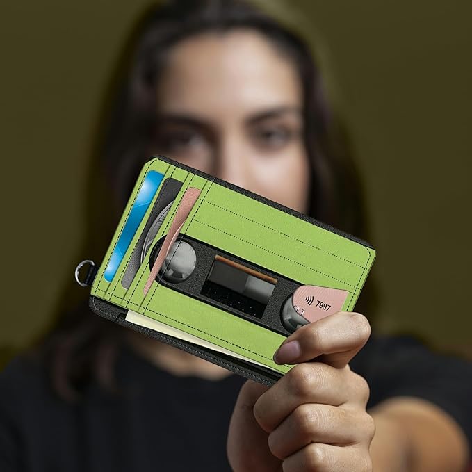 Small Travel Wallets, Green Tape Cassette Slim Minimalist Front Pocket Wallet with Wristlet, RFID Blocking PU Leather Credit Card Holder with ID Window Change Purse for Men Women