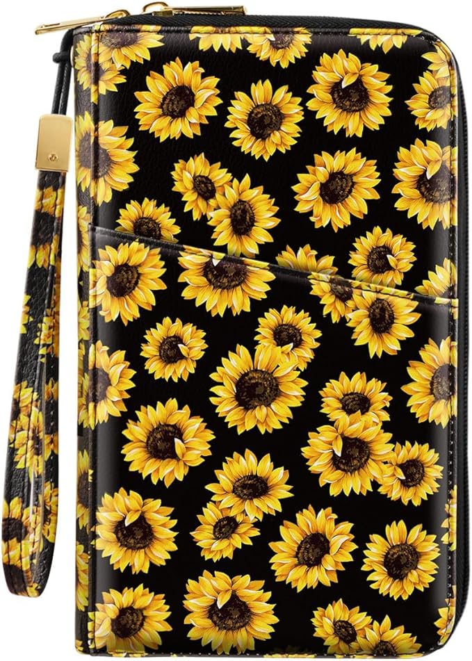 Family Passport Holder Wallet RFID Blocking Document Organizer PU Leather Mulit-purpose Travel Wallet Credit Cards Case for Women Men,Sunflowers