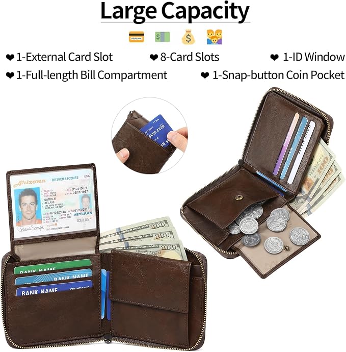 GAEKEAO Zipper Wallet for Men Vegan Leather RFID Blocking Large Capacity Bifold Wallets with ID Window Change Pocket