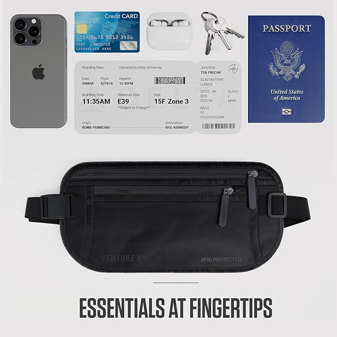 VENTURE 4TH Money Belt for Travel – Hidden Under-Clothes RFID Blocking Passport Holder & Slim Travel Wallet Pouch for Men & Women to Protect Cash, Cards & Documents (Sleek Black)