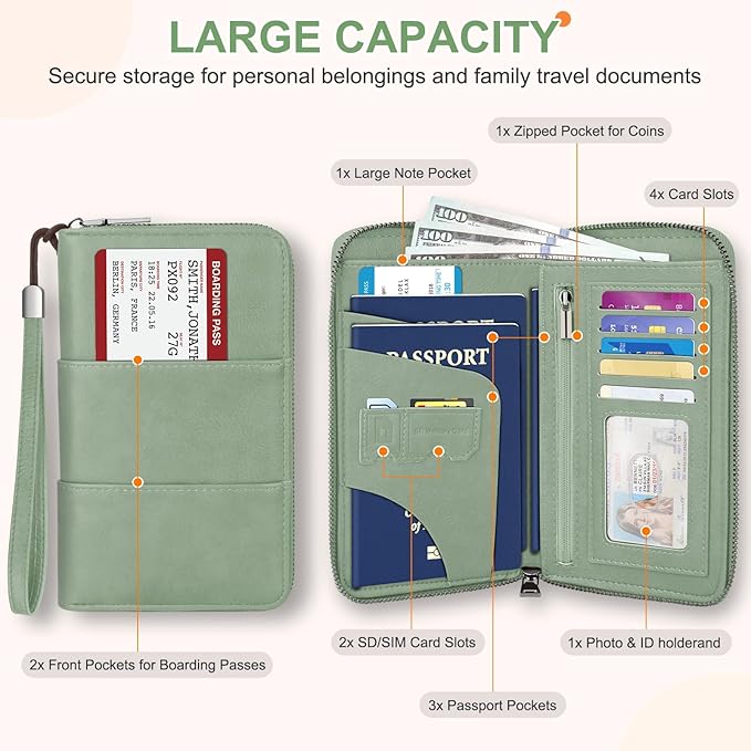 Family Passport Holder Wallet with Zipper, RFID Blocking Travel Document Organizer, PU Leather Passport Wallet for Women Men, Passport Cover Travel Wallet for Boarding Pass, ID, Money, Ticket