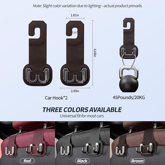 2 Packs Headrest Hooks for Car, Hidden Twinhook Leather & Metal Car Purse Holders, Universal Seat Back Storage Organizer Hanger for Purse Bag Handbags Phones, 2026 Car Seat Accessories (Brown)