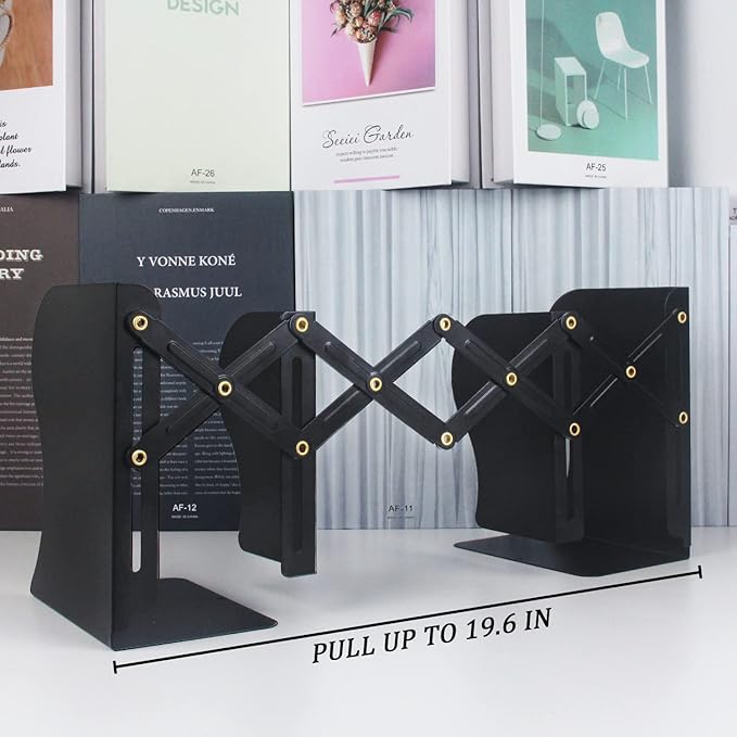 Adjustable Bookends, 19 inches 2 Dividers Heavy Duty Metal Book Holders, Book Storage Rack, Desk Organizer Magazine File Holder for Office, School, Bookstore and Home, Black