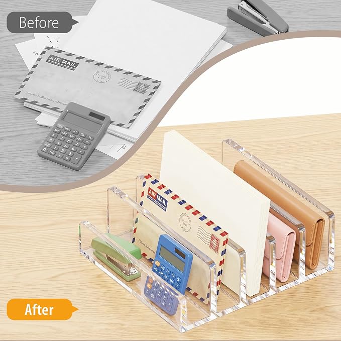 Clear Acrylic Mail Holder, 5-Compartment Vertical Letter Organizer for Desk, Space-Saving Desktop Files, Bills& Notebooks Holder for Home, Office & School