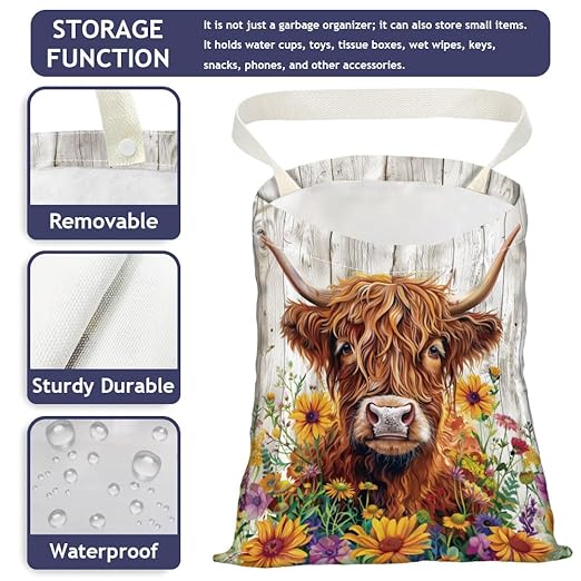 Highland Cattle Car Trash Bag Flowers Waterproof Hanging Garbage Bag with Snap Buttons Car Back Seat Trash Storage Portable Dustbin Vehicle Rubbish Bags for Kitchen Home Travel Camping