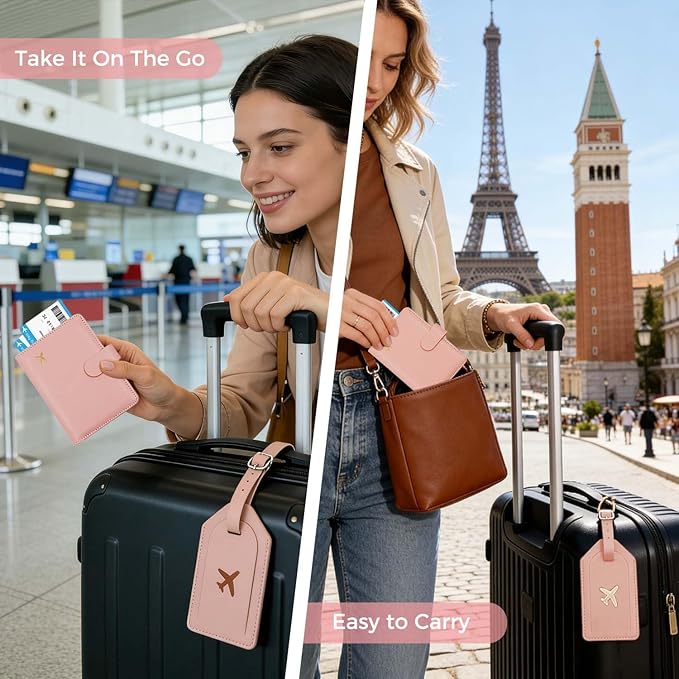 Melsbrinna Rfid Passport Holder for Travel women/Men Set Travel Suitcase Tag, Cute Passport Wallet Rfid Blocking Card Slots, Rfid Passport Cover/CaseTravel Wallet (new pink)
