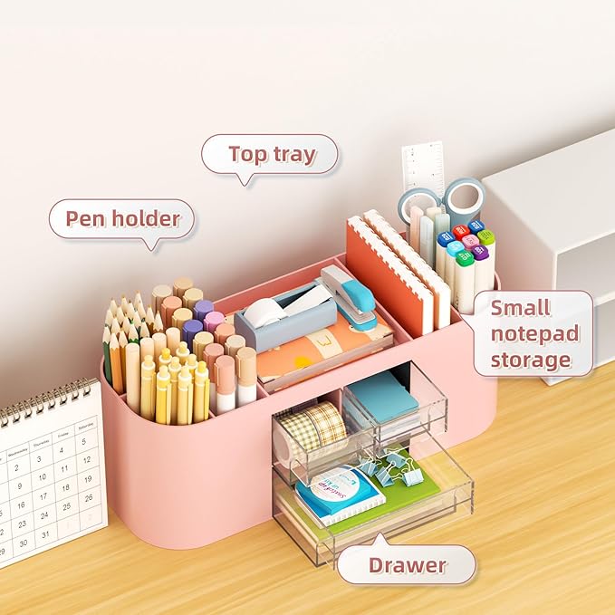 Marbrasse Desk Organizer Pen Holder for Desk with 3 Drawers, Multi-Functional Pencil Holder, Desk Organizers and Accessories with 7 Compartments for Home, School, Classroom(Pink)