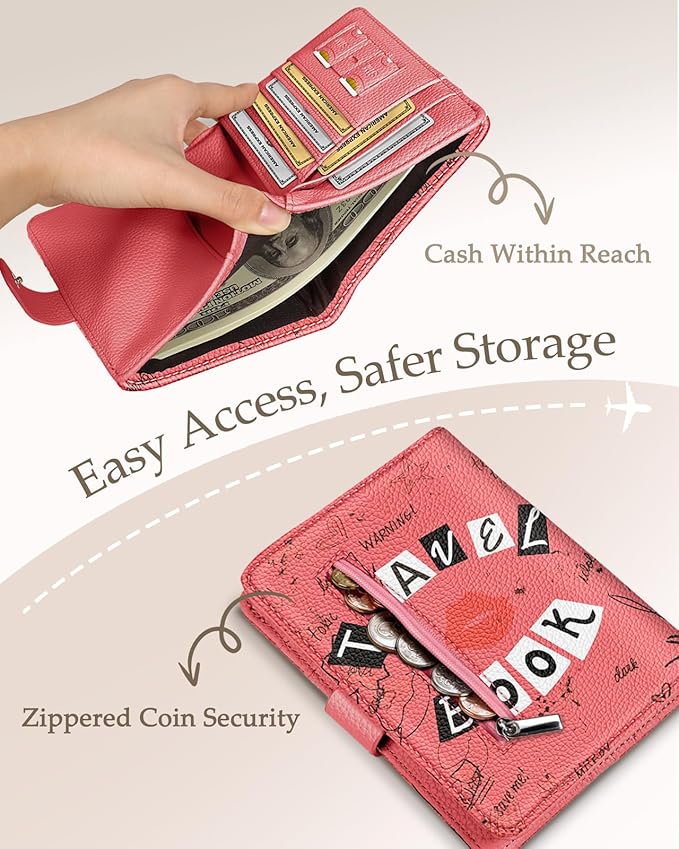 Slohif Passport Wallet Holder Cover for Travel - Women Men RFID Blocking Passport Book Case Protector, Pink Cute Lip Leather Personalized Organizer Slim Carrier Boarding Pass Cards Slots