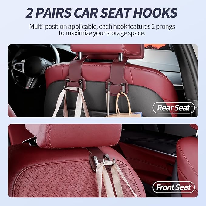 2 Packs Headrest Hooks for Car, Hidden Twinhook Leather & Metal Car Purse Holders, Universal Seat Back Storage Organizer Hanger for Purse Bag Handbags Phones, 2026 Car Seat Accessories (Red)