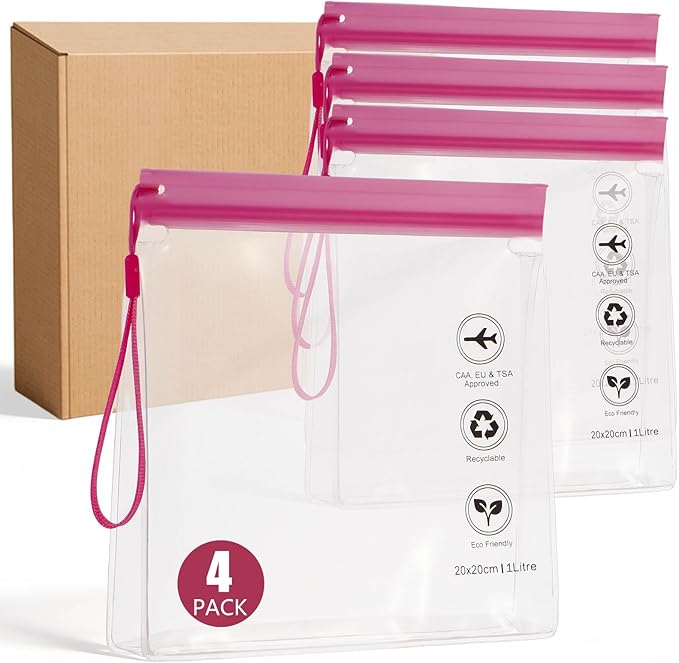 4-Pack 16 Mil Reusable TSA-Approved Quart Size Toiletry Bag with Gusseted Bottom | 1 Liter Leakproof Liquid Bag for Travel | 3-1-1 Compliant for US, UK & EU Flights (Pink)