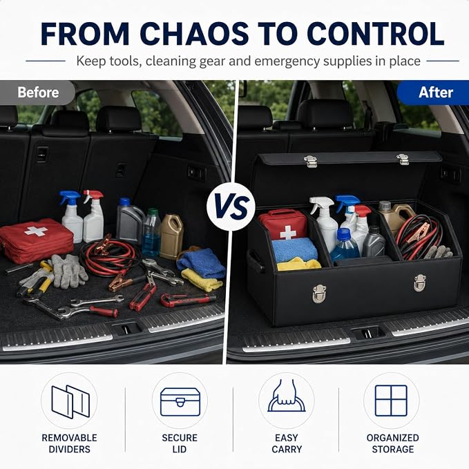 Car Trunk Organizer with Lid,Foldable Faux Leather Cargo Storage Box,3 Compartments,Collapsible Multi-Functional for SUV,Sedan,Vehicle Trunk, Black