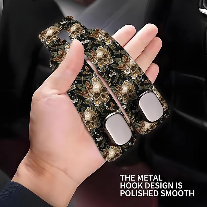 Car Seat Headrest Hook, Universal Leather Cute Hanger Holder Hook, Storage Organizer Interior Accessories for Purse Bags Handbag Cute Retro Flower Skulls