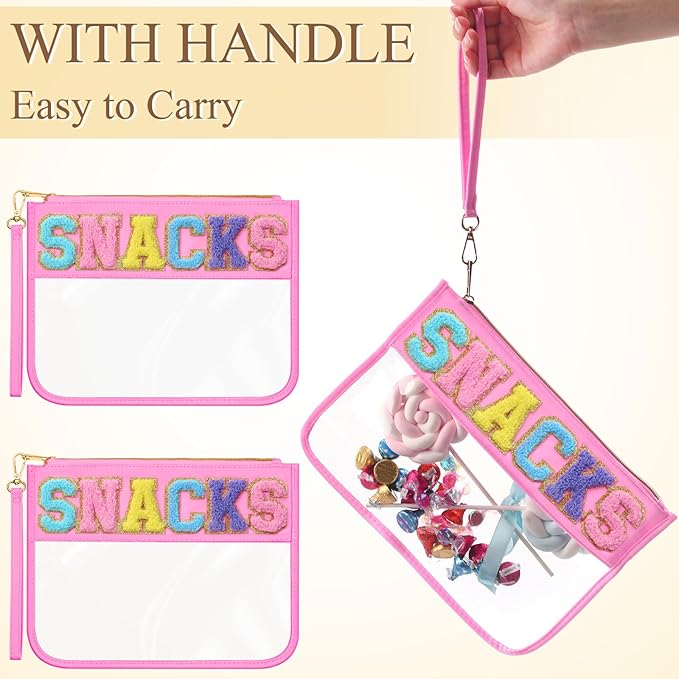 Abbylike 12 Pcs Snack Bags Clear Chenille Letter Snacks Zipper Pouch Waterproof PVC Large Travel Makeup Cosmetic Storage Organizer Bag for Mom Team Cheerleaders Teacher (Pink)
