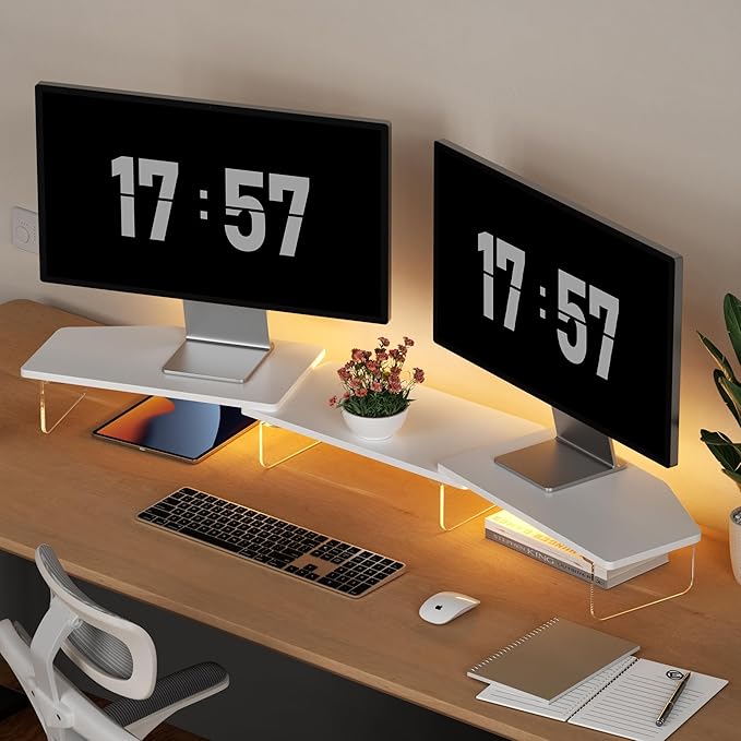 AFOOYO LED Dual Monitor Stand Riser for 2 Monitors,Office Desktop Wooden Stand Adjustable Length and Angle 3 Shelf,Extra Long Multifunctional Stand up to 44.4" for Computer,Laptop,TV,White