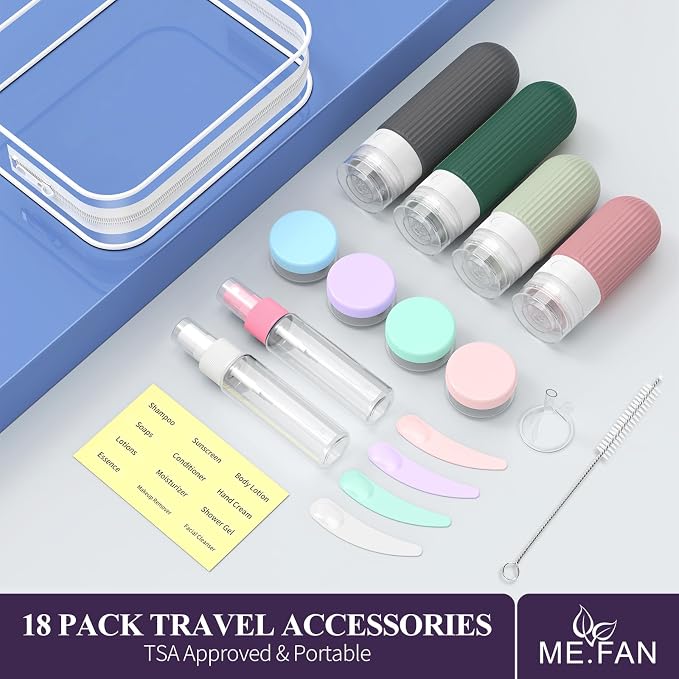 ME.FAN Travel Bottles for Toiletries,18 Pack Silicone Portable Size Bottle, TSA Approved Refillable Cosmetic Container Kits for Conditioner, Shampoo, Lotion,Face Cream - Morandi