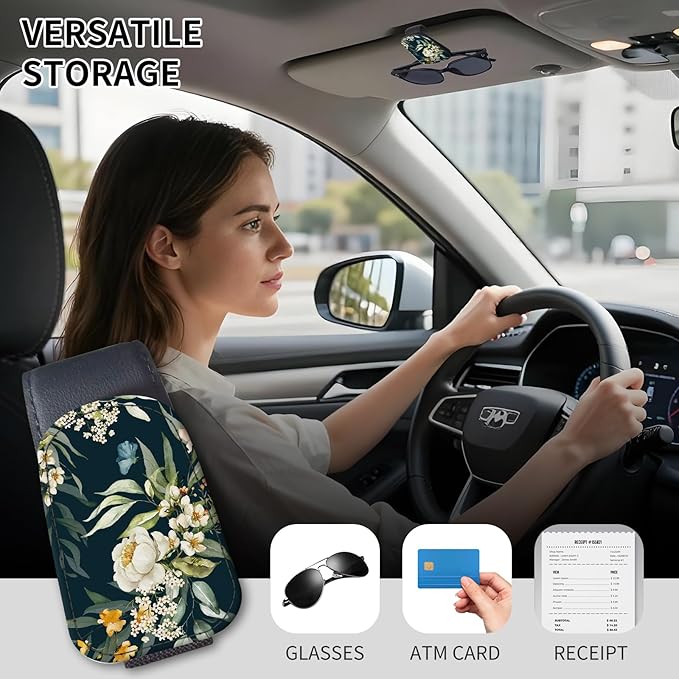 Sunglasses Holder for Car Visor, PU Leather Glasses Clip Organizer, Cute Magnetic Eyeglass Holder for Vehicle Sun Visor, Car Interior Accessory for Women & Men Dark Floral Lily