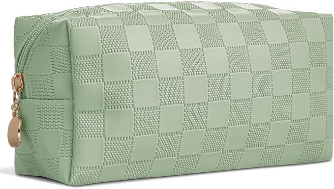 Checkered Makeup Bag for Purse - Cute PU Leather Travel Cosmetic Pouch for Women, Portable Flat Toiletry Organizer with Gold Zipper(green)