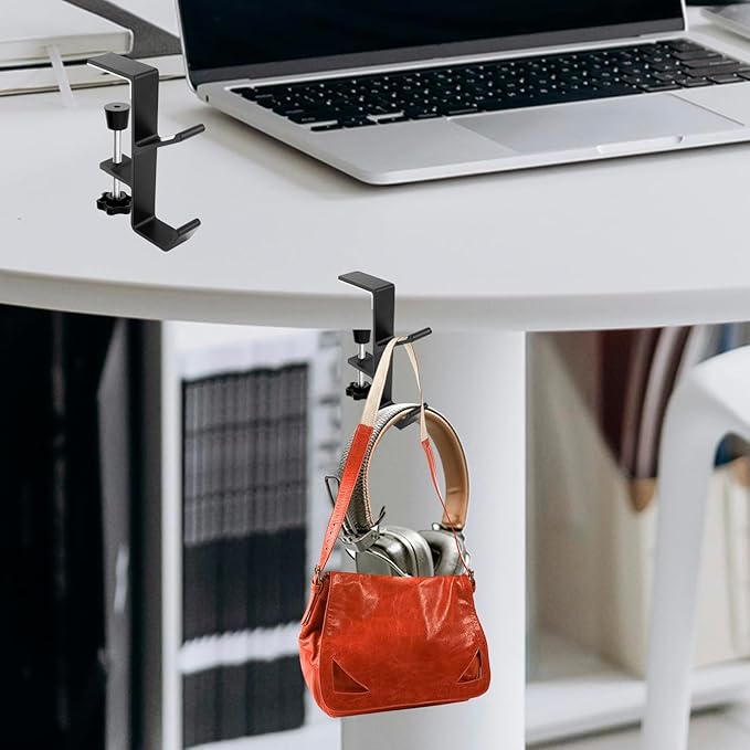 Desk Mount Headphone Hook Bag Holder Hook Clamp,Headphone Hanger and Backpack Hanger with Double Hooks,Universal Aluminum Alloy Gaming Headphone Stand Under Desk