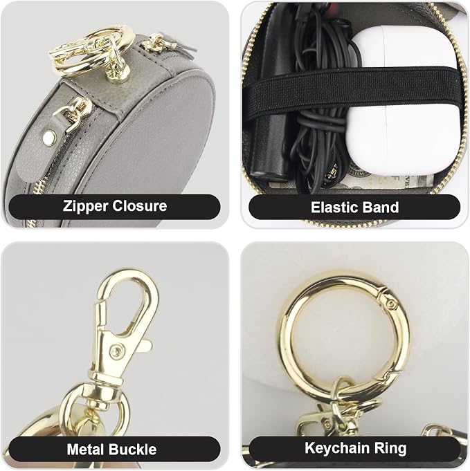 Bocasal Coin Pouch Mini Lipstick Cosmetic Bag with Airtag Holder Mirror, Leather Zipper Travel Makeup Bag Organizer Keychain Ring Clasp for Keys Earbuds Earphone Lip Gloss Chapstick Women Girls (Grey)