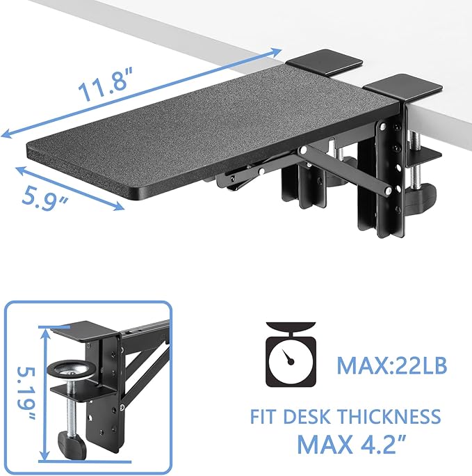 ETHU Desk Extender Tray, 11.8"x 5.9" Ergonomics Computer Arm Wrist Rest for Desk, Foldable Keyboard Drawer Tray Clamp On Mount Easy to Install, Armrest Support for Home and Office (Black)