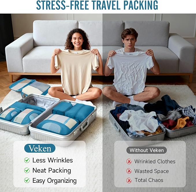 Veken 8 Set Packing Cubes for Travel Essentials, Suitcase Organizer Bags in 4 Sizes, Carry-On Luggage Accessories with Laundry Bag, Airplane Must Have, Gifts for Women Men