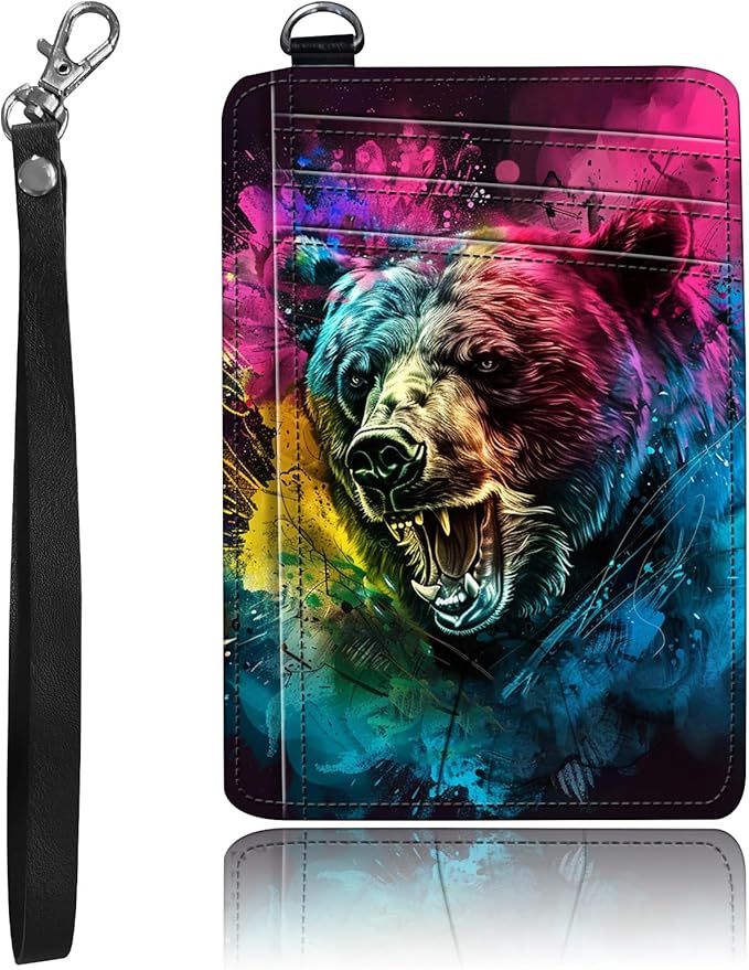 Slim Minimalist Front Pocket Wallet,Credit Card Holder Wallet for Women Men,RFID Blocking Credit Card Holder Case Leather Cute Small Thin Wallet ID Window&Wrist Strap,Colorful Bear