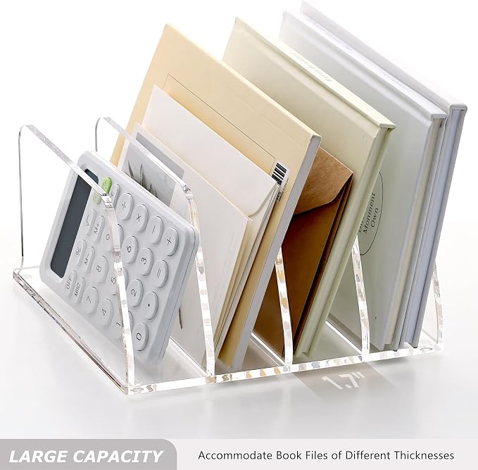 SANRUI Acrylic Mail Sorter Desktop Organizer, 4 Compartments Clear Small File Script Letter Document Storage for Desk Bill Filling Envelope Holder Office, Home, School Organization
