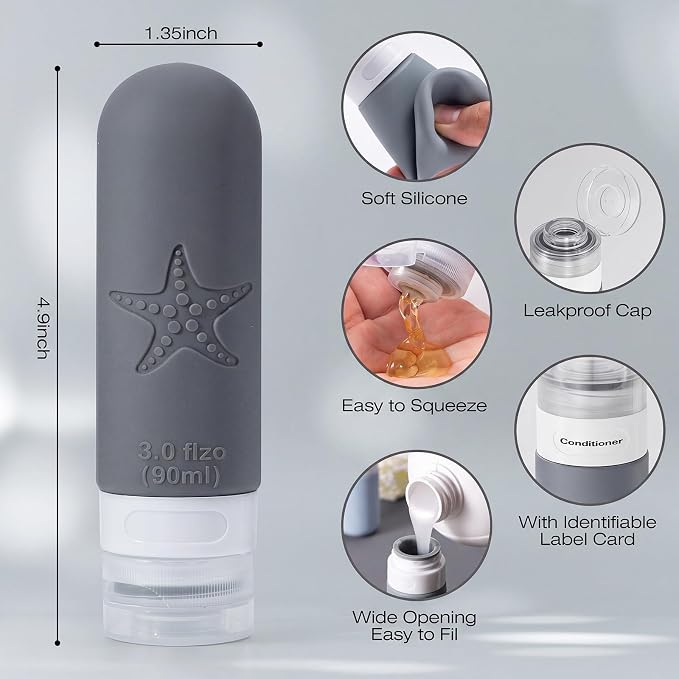 18 Pack Travel Bottles for Toiletries - TSA Approved, Triple Leak Proof Silicone Set, 3oz Refillable Travel Essentials Kit for Shampoo, Conditioner, Lotion & More, Gray, BPA Free