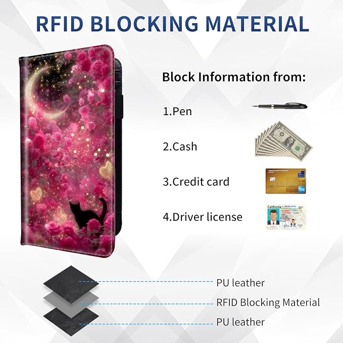DEGDFSGR Checkbook Cover PU Leather Checkbook Covers for Women for Duplicate Checks, Check Book Covers with RFID Blocking Function for Personal Checkbook, Black Cat Pink Rose