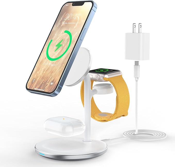 XooFly 3 in 1 Wireless Charging Station for Apple Devices, Fast Wireless Mag-Safe Charger Stand with 20W Adapter for iPhone 17 16 15 14 13 12 Pro Max/Air/Plus/Pro,iWatch,AirPods-Gift for Wife&Husband
