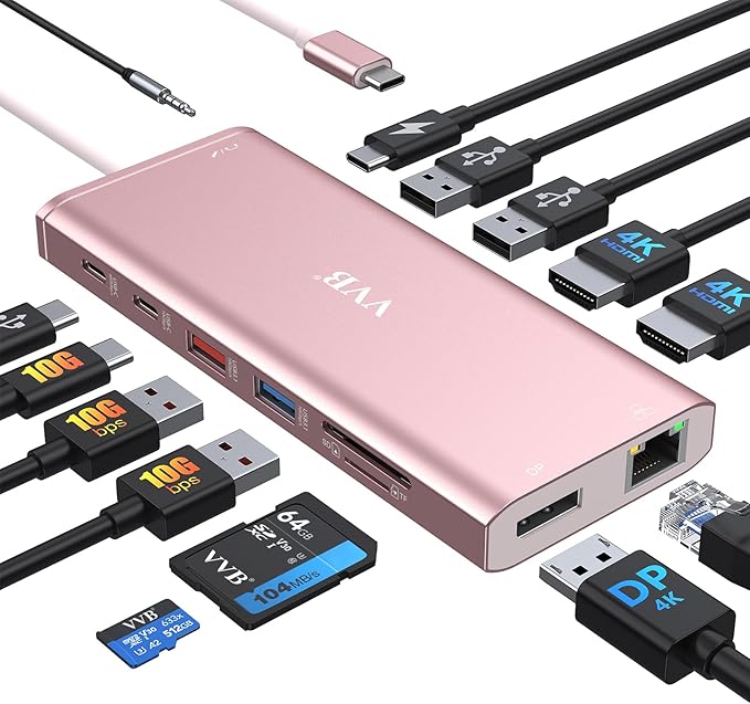 USB C Laptop Docking Station Dual Monitor HDMI for Dell/Lenovo/HP Laptop 14 in 1 USB C Hub Multiport Adapter Dongle Dock USB C to 2 HDMI 4K+DisplayPort+Ethernet+4USB+2USB C+100W PD Charger+SD/TF+Audio