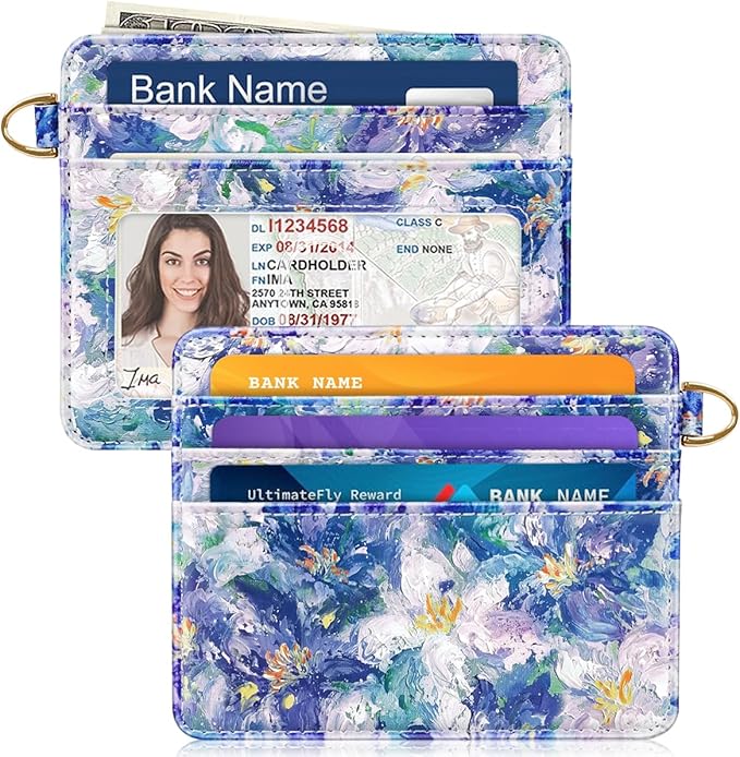 Slim Minimalist Front Pocket RFID Blocking Credit Card Holder Small Wallet Cute Card Cases for Women,Blue Flowers