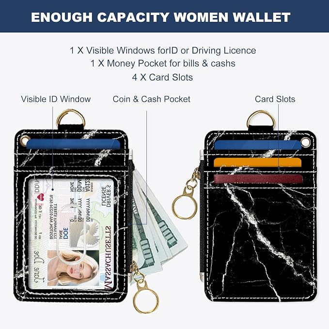 Slim Wallet Credit Card Holder, Black marble texture, RFID Wallet Women Cute Small Front Pocket Wallet With Zipper, PU Leather Thin travel RFID Blocking Card Case ID Window,Ladies Gifts