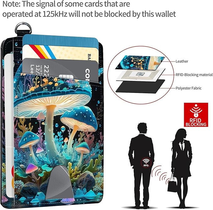 Slim RFID Blocking Card Holder Wallet with Wrist Strap - Minimalist Front Pocket Wallet, Colored mushroom 02 Design, PU Leathe, for Men & Women, Ideal for Travel & Gifts