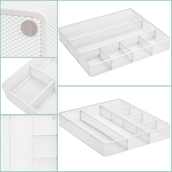 Annova Desk Top Organizer Tray for Office Organization - Metal Mesh - Storage Tray with Dividers for Pens, Desktop Accessories, Bathroom, Kitchen, Makeup and Office Supplies (Large, White)